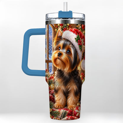 #pl[40oz|Blue] Cozy Yorkie 40oz Tumbler with Handle, Christmas Dog Stainless Steel Cup