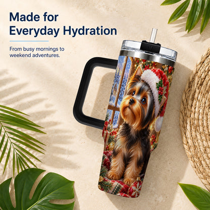 #pl[40oz|Black] Cozy Yorkie 40oz Tumbler with Handle, Christmas Dog Stainless Steel Cup