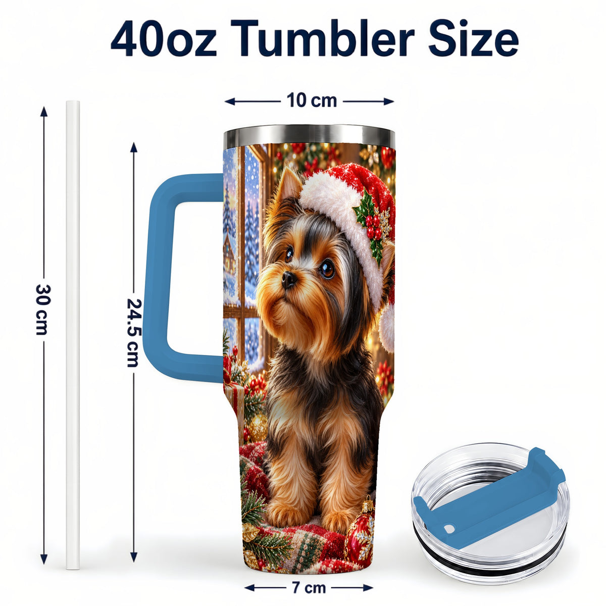 #pl[40oz|Blue] Cozy Yorkie 40oz Tumbler with Handle, Christmas Dog Stainless Steel Cup