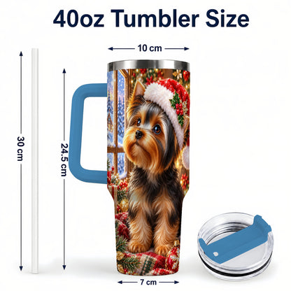 #pl[40oz|Blue] Cozy Yorkie 40oz Tumbler with Handle, Christmas Dog Stainless Steel Cup