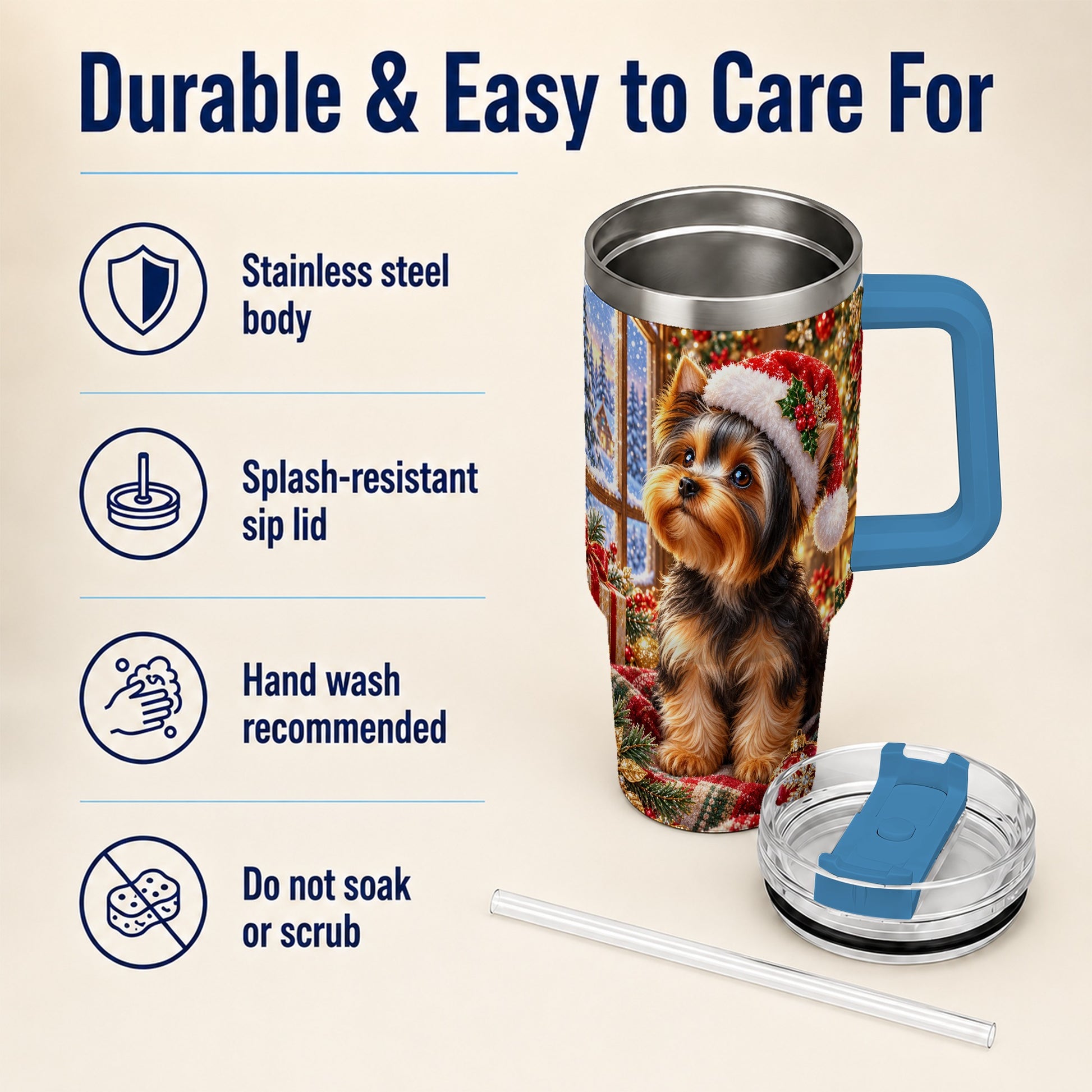 #pl[40oz|Blue] Cozy Yorkie 40oz Tumbler with Handle, Christmas Dog Stainless Steel Cup