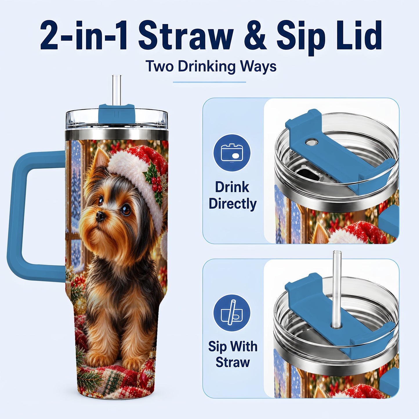 #pl[40oz|Blue] Cozy Yorkie 40oz Tumbler with Handle, Christmas Dog Stainless Steel Cup