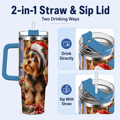 #pl[40oz|Blue] Cozy Yorkie 40oz Tumbler with Handle, Christmas Dog Stainless Steel Cup