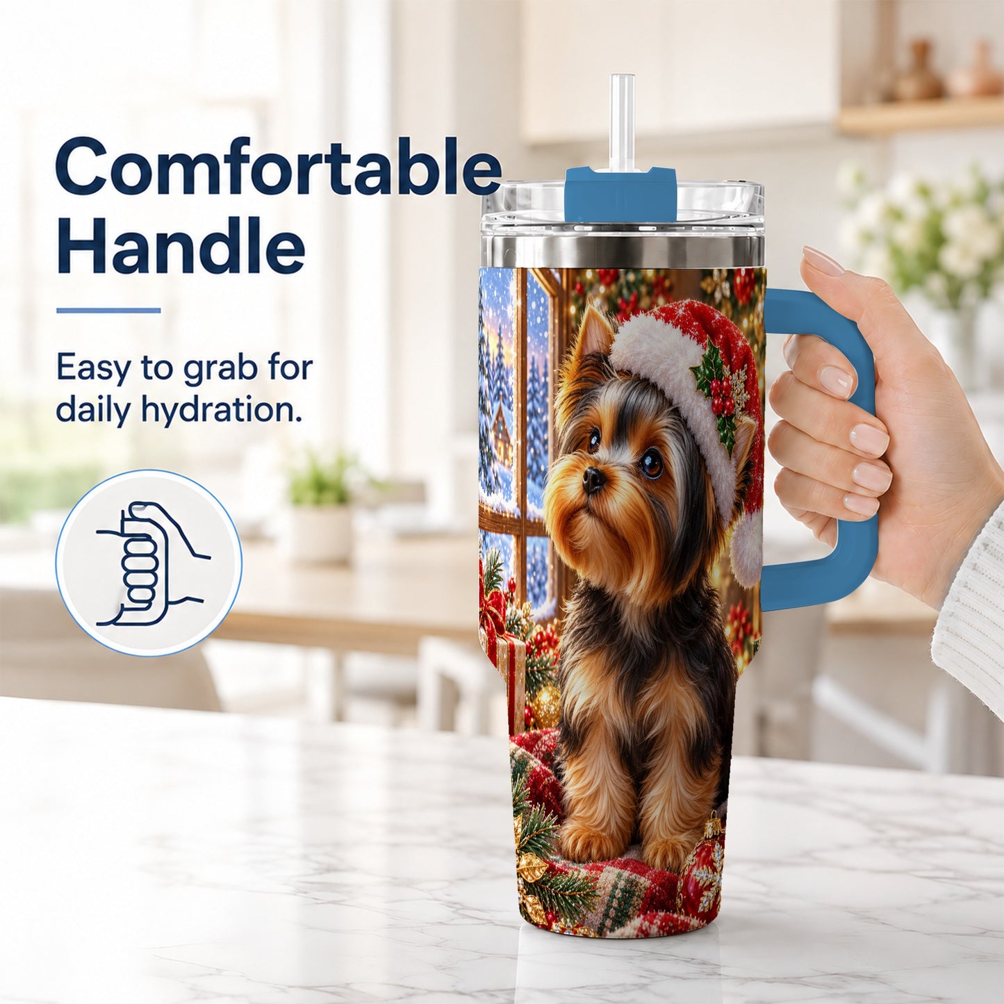 #pl[40oz|Blue] Cozy Yorkie 40oz Tumbler with Handle, Christmas Dog Stainless Steel Cup