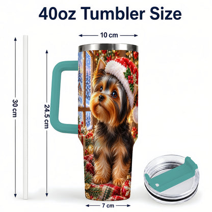 #pl[40oz|Green] Cozy Yorkie 40oz Tumbler with Handle, Christmas Dog Stainless Steel Cup
