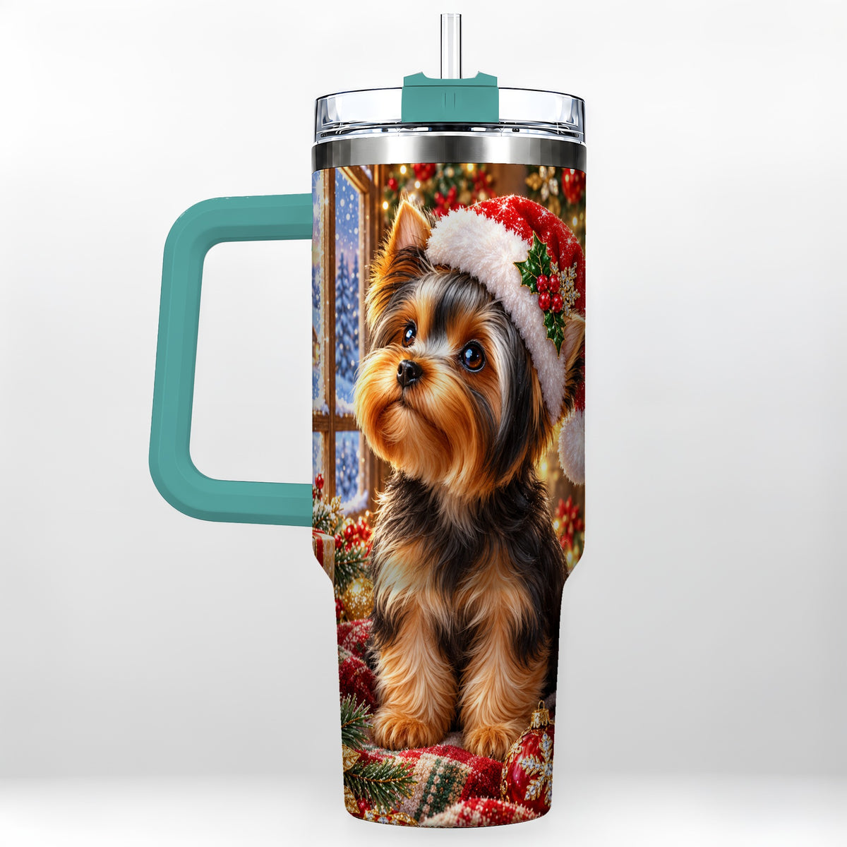 #pl[40oz|Green] Cozy Yorkie 40oz Tumbler with Handle, Christmas Dog Stainless Steel Cup