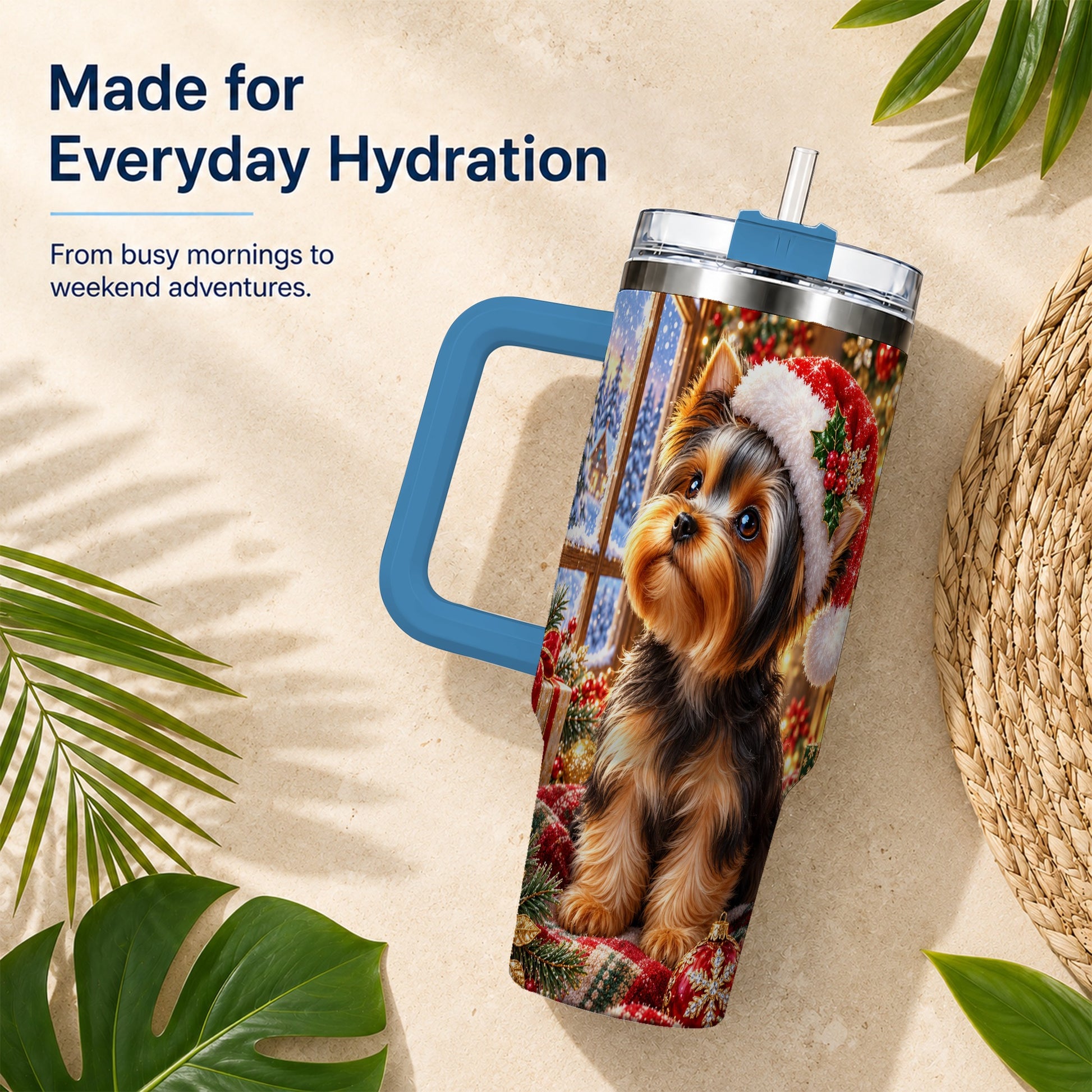 #pl[40oz|Blue] Cozy Yorkie 40oz Tumbler with Handle, Christmas Dog Stainless Steel Cup