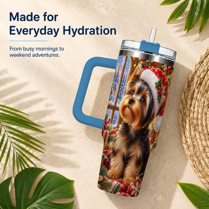 #pl[40oz|Blue] Cozy Yorkie 40oz Tumbler with Handle, Christmas Dog Stainless Steel Cup