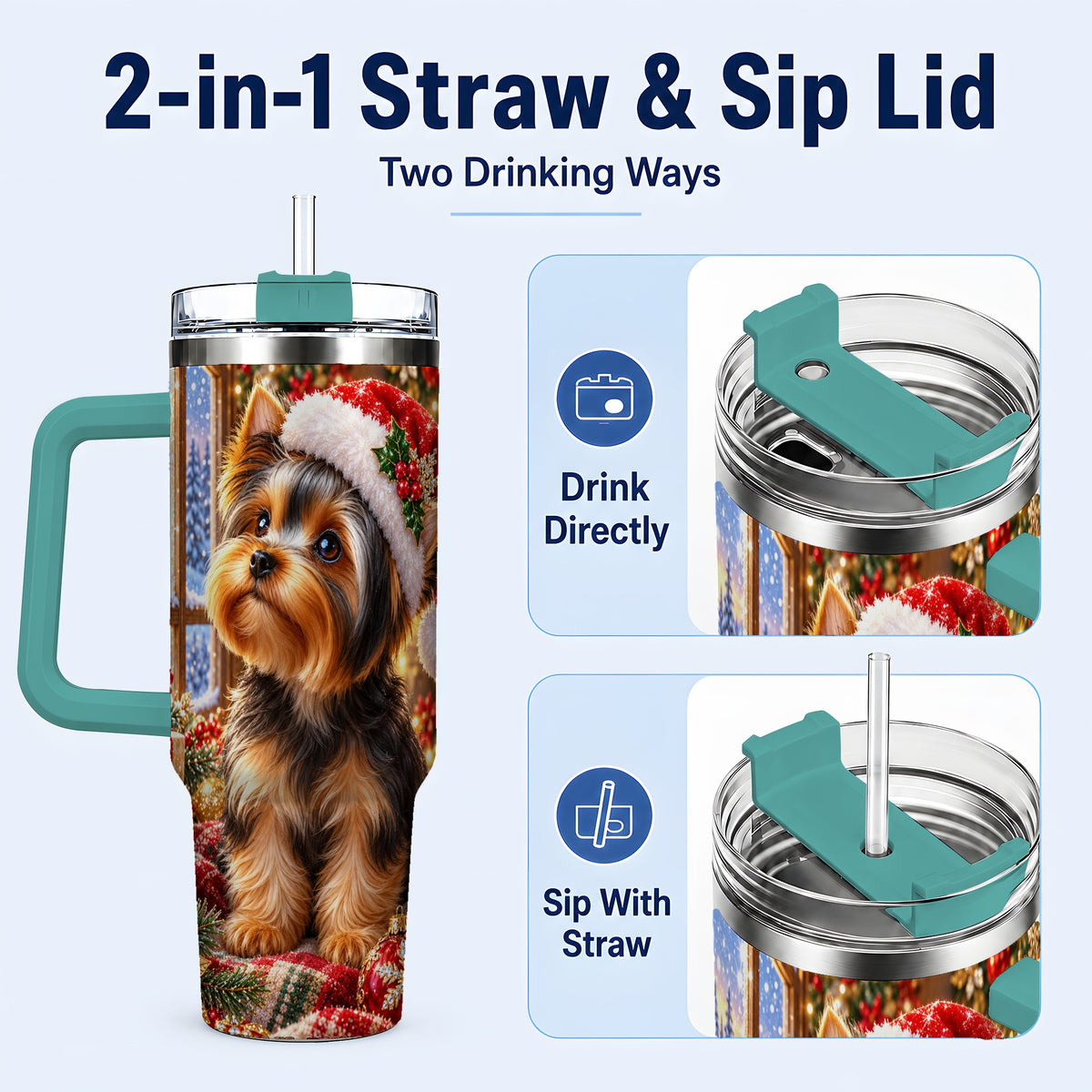 #pl[40oz|Green] Cozy Yorkie 40oz Tumbler with Handle, Christmas Dog Stainless Steel Cup