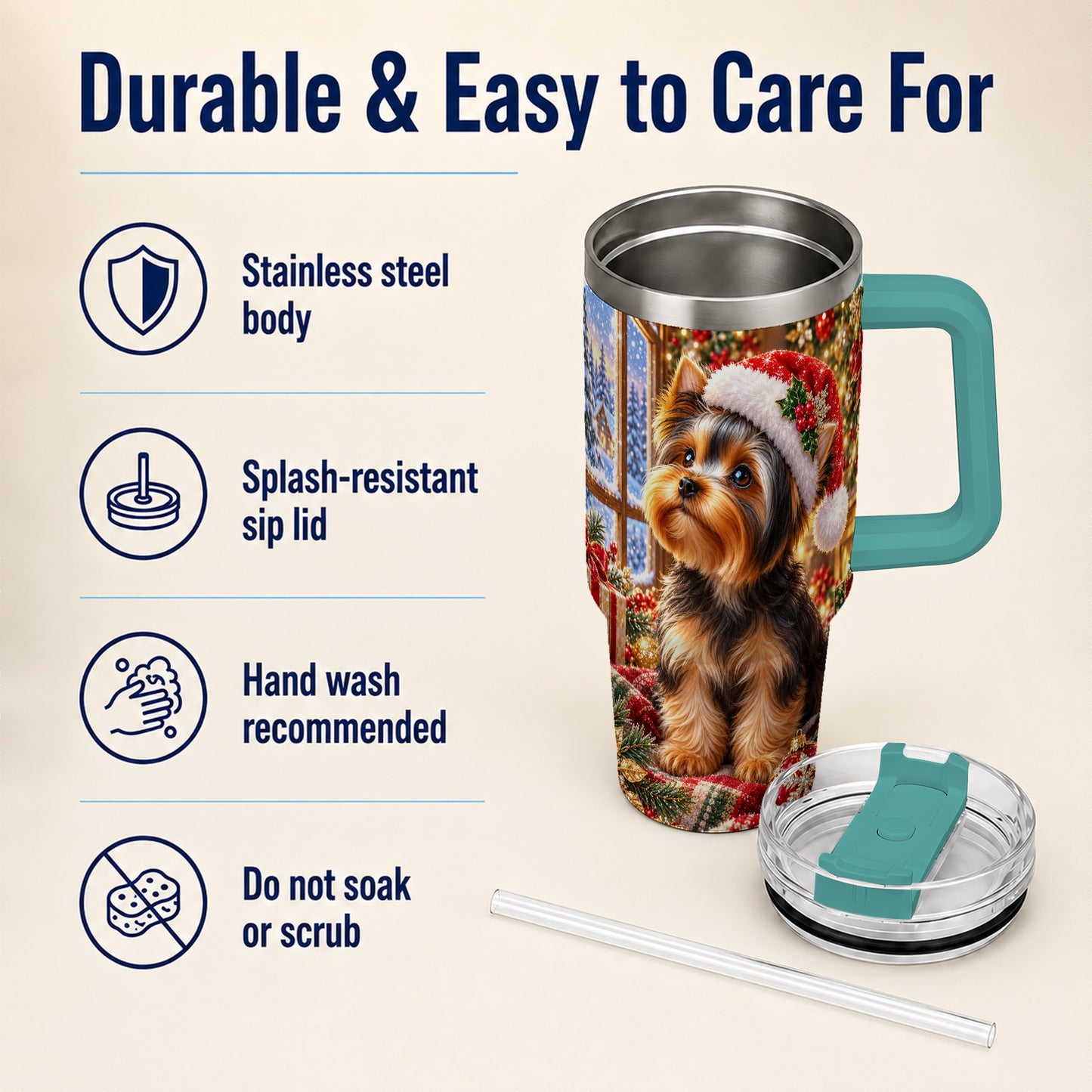 #pl[40oz|Green] Cozy Yorkie 40oz Tumbler with Handle, Christmas Dog Stainless Steel Cup