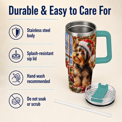 #pl[40oz|Green] Cozy Yorkie 40oz Tumbler with Handle, Christmas Dog Stainless Steel Cup