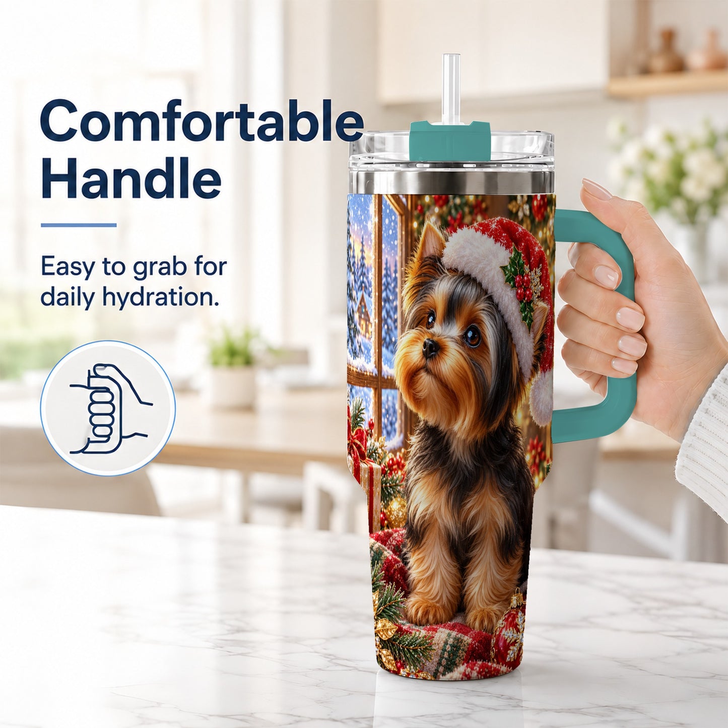#pl[40oz|Green] Cozy Yorkie 40oz Tumbler with Handle, Christmas Dog Stainless Steel Cup