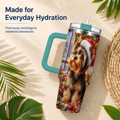 #pl[40oz|Green] Cozy Yorkie 40oz Tumbler with Handle, Christmas Dog Stainless Steel Cup