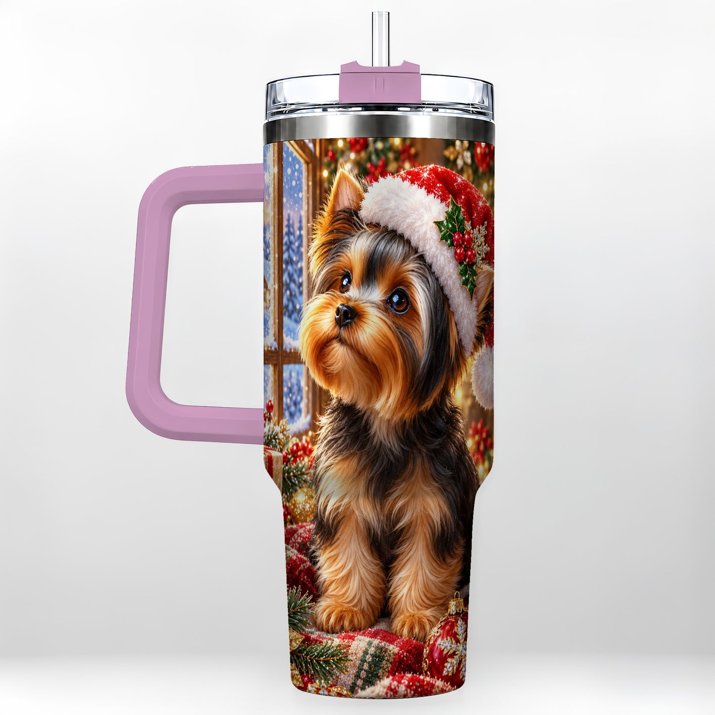 #pl[40oz|Pink] Cozy Yorkie 40oz Tumbler with Handle, Christmas Dog Stainless Steel Cup