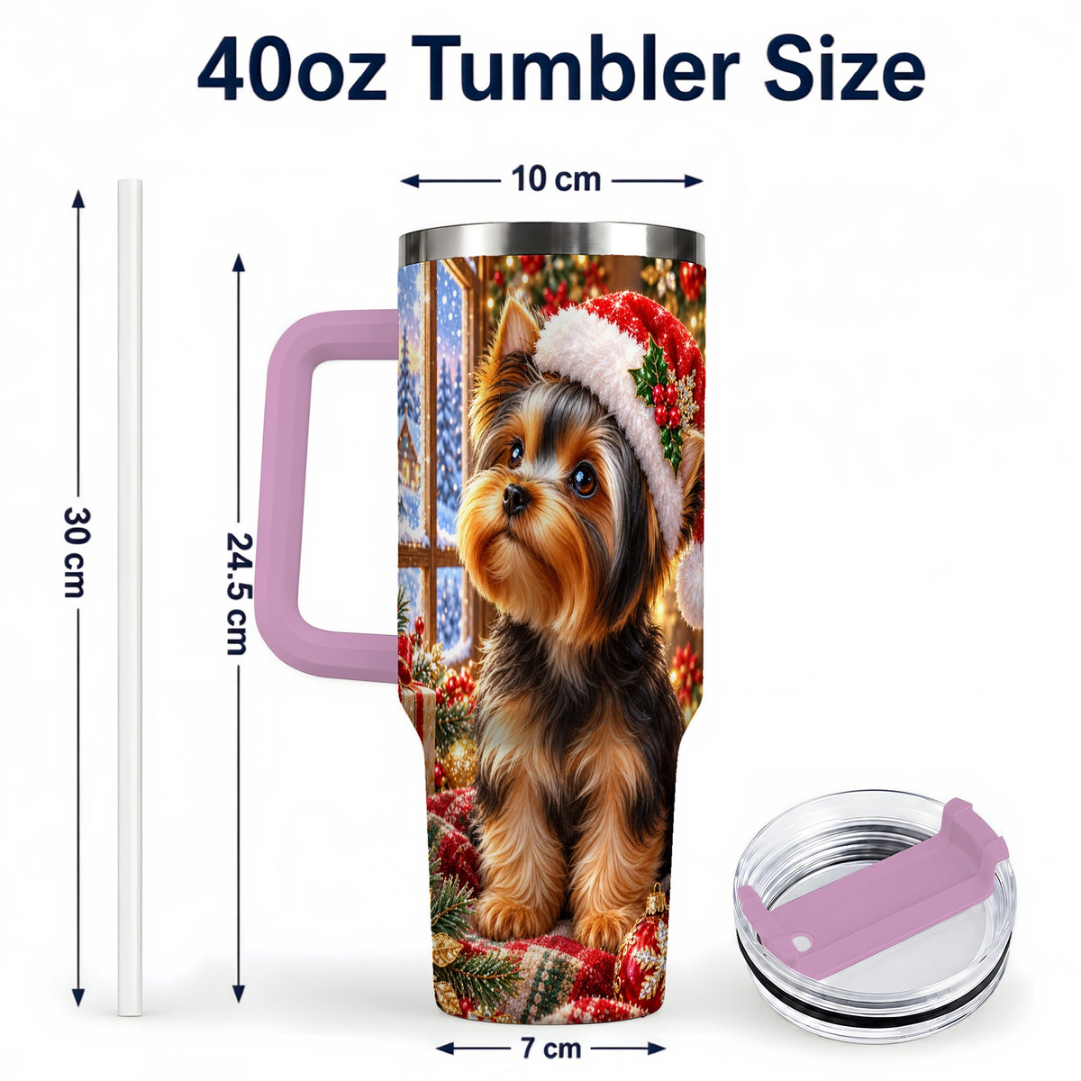 #pl[40oz|Pink] Cozy Yorkie 40oz Tumbler with Handle, Christmas Dog Stainless Steel Cup