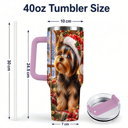 #pl[40oz|Pink] Cozy Yorkie 40oz Tumbler with Handle, Christmas Dog Stainless Steel Cup