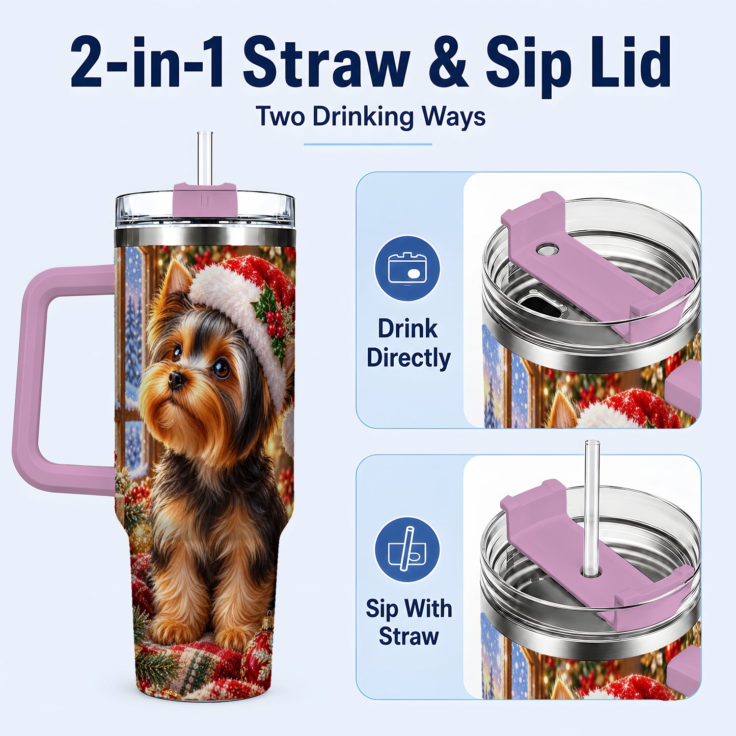 #pl[40oz|Pink] Cozy Yorkie 40oz Tumbler with Handle, Christmas Dog Stainless Steel Cup