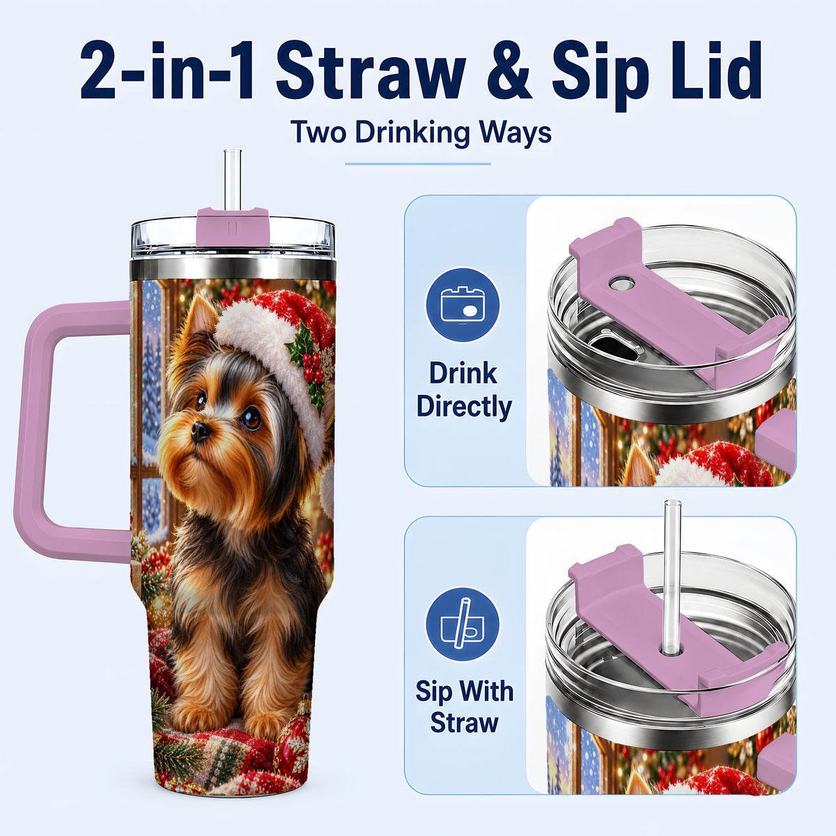 #pl[40oz|Pink] Cozy Yorkie 40oz Tumbler with Handle, Christmas Dog Stainless Steel Cup
