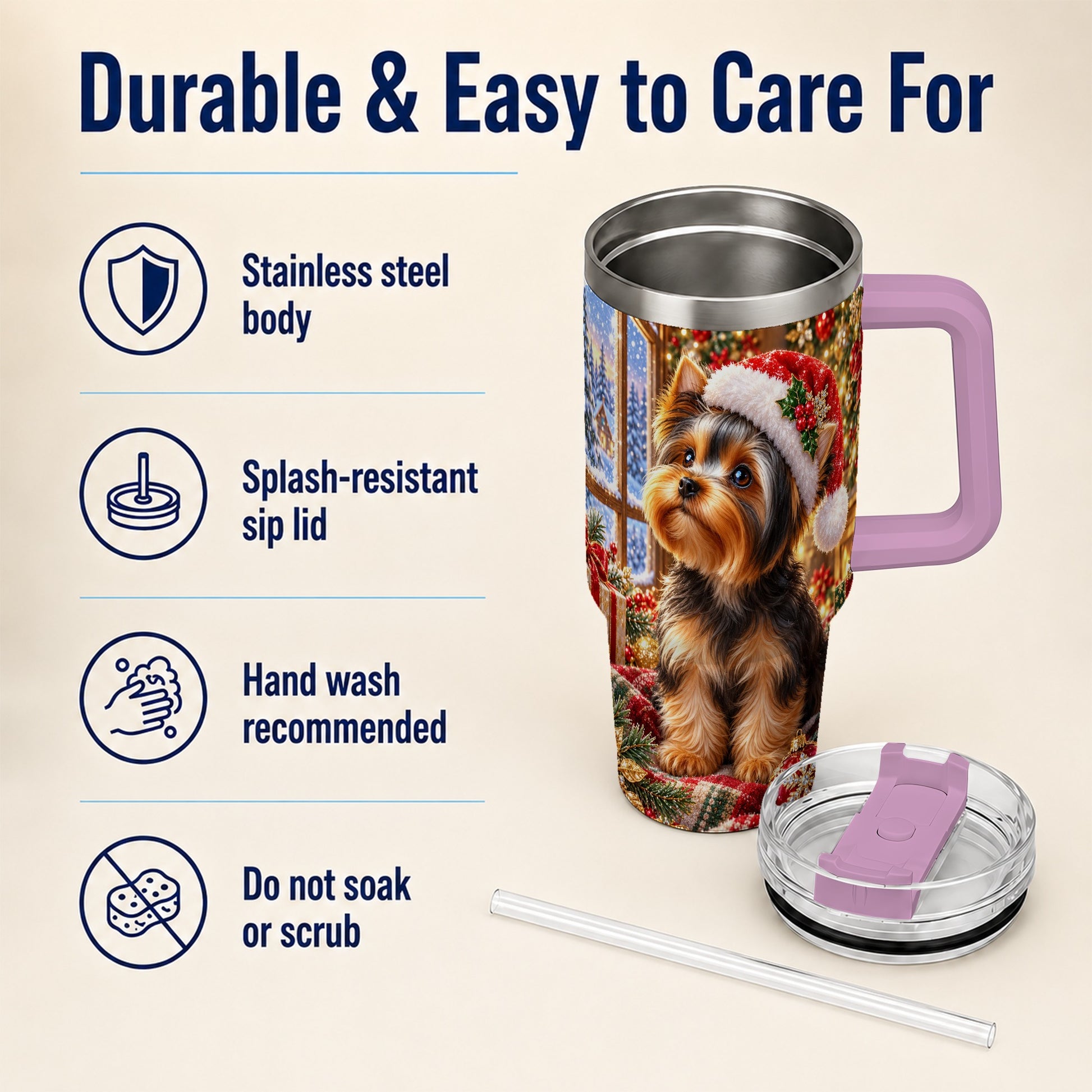 #pl[40oz|Pink] Cozy Yorkie 40oz Tumbler with Handle, Christmas Dog Stainless Steel Cup