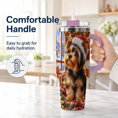#pl[40oz|Pink] Cozy Yorkie 40oz Tumbler with Handle, Christmas Dog Stainless Steel Cup