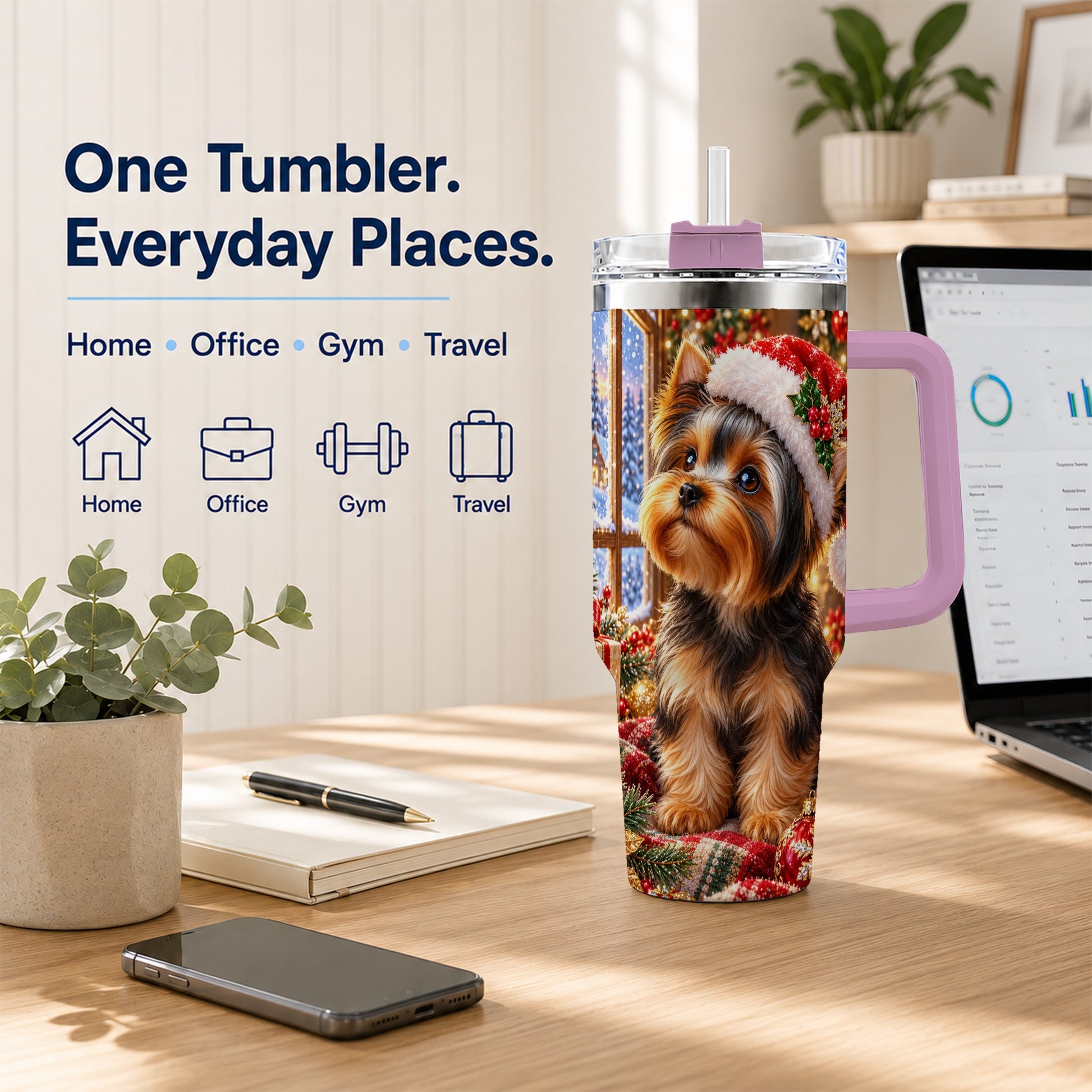 #pl[40oz|Pink] Cozy Yorkie 40oz Tumbler with Handle, Christmas Dog Stainless Steel Cup