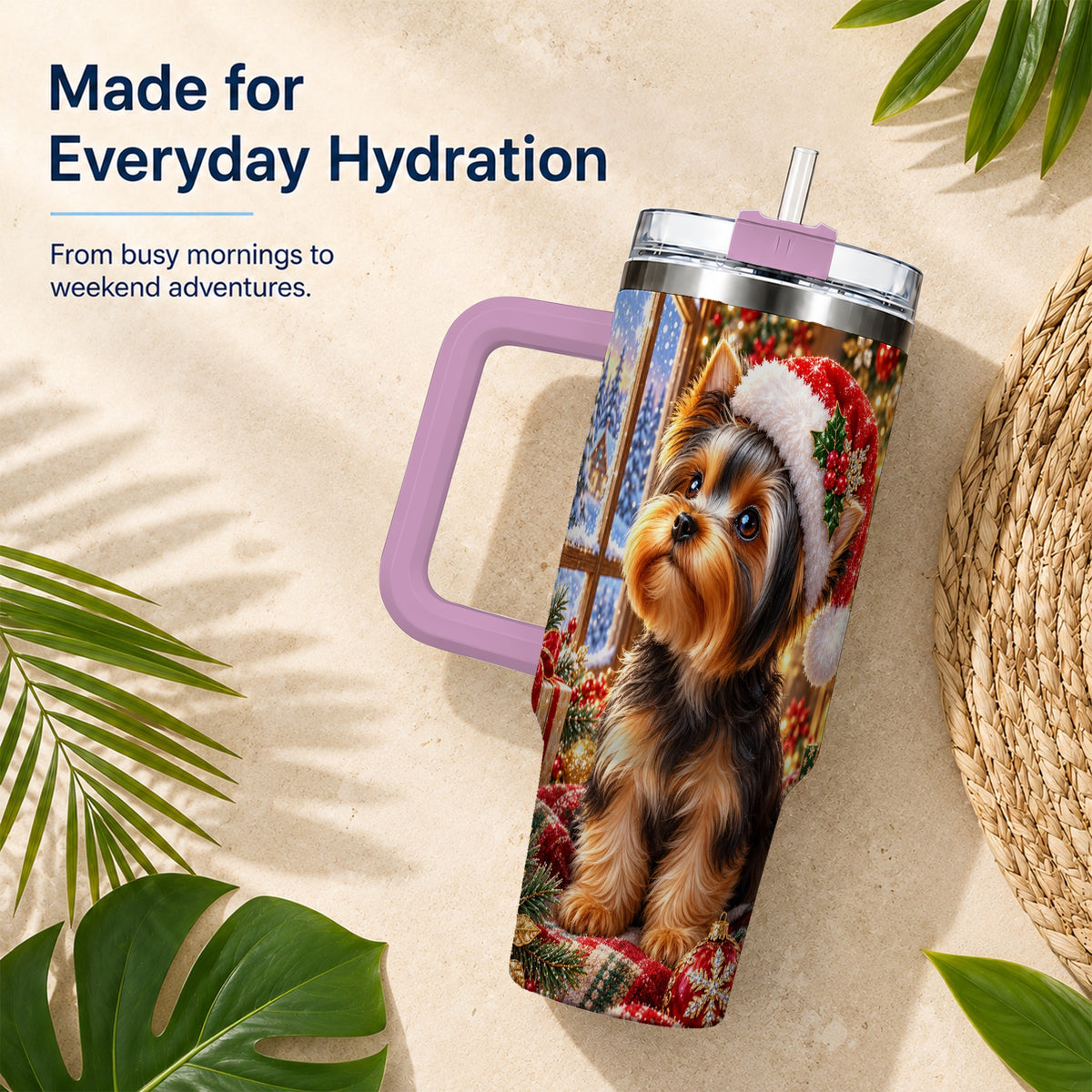 #pl[40oz|Pink] Cozy Yorkie 40oz Tumbler with Handle, Christmas Dog Stainless Steel Cup