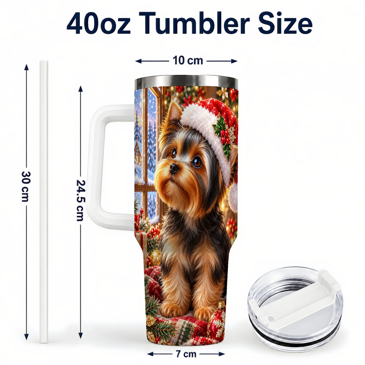 #pl[40oz|White] Cozy Yorkie 40oz Tumbler with Handle, Christmas Dog Stainless Steel Cup