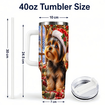 #pl[40oz|White] Cozy Yorkie 40oz Tumbler with Handle, Christmas Dog Stainless Steel Cup