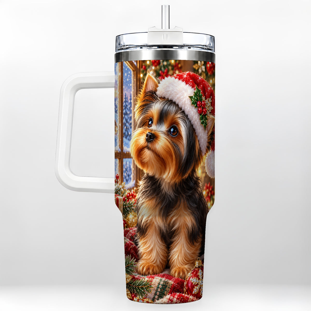 Cozy Yorkie 40oz Tumbler with Handle, Christmas Dog Stainless Steel Cup