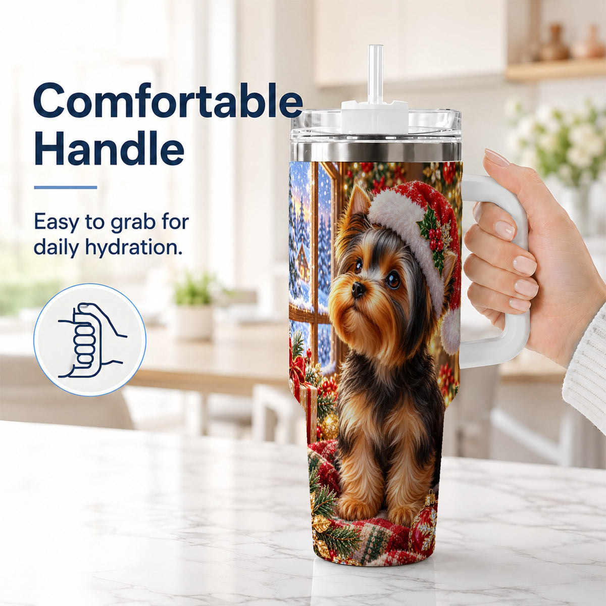 #pl[40oz|White] Cozy Yorkie 40oz Tumbler with Handle, Christmas Dog Stainless Steel Cup