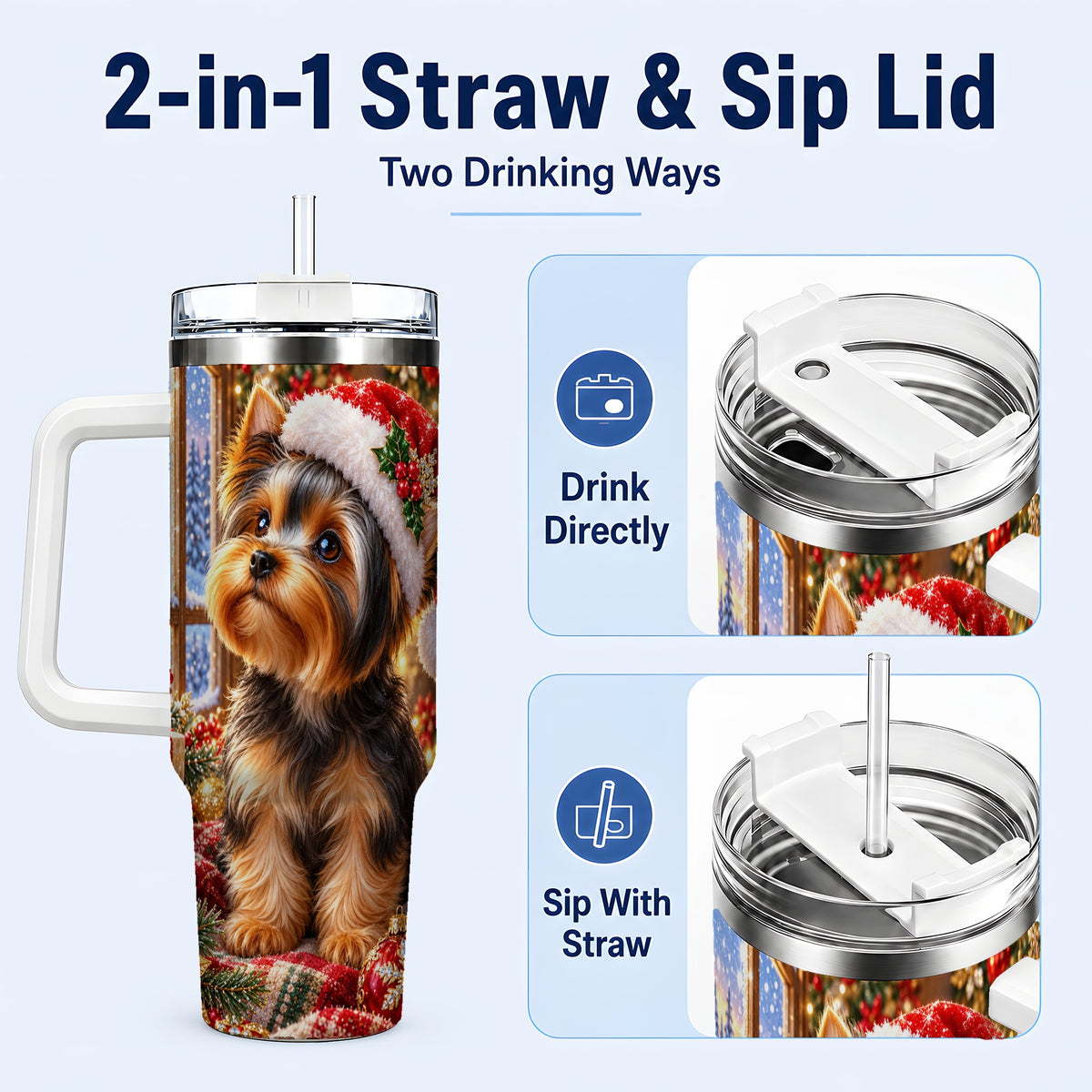 #pl[40oz|White] Cozy Yorkie 40oz Tumbler with Handle, Christmas Dog Stainless Steel Cup
