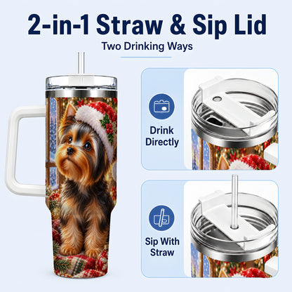 #pl[40oz|White] Cozy Yorkie 40oz Tumbler with Handle, Christmas Dog Stainless Steel Cup