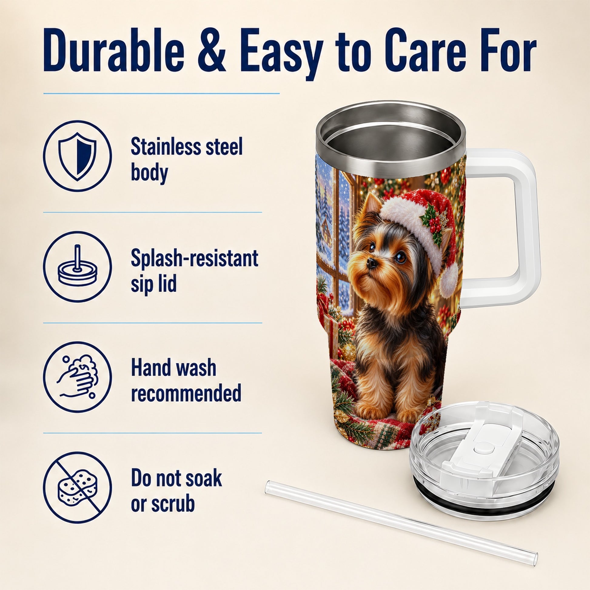 #pl[40oz|White] Cozy Yorkie 40oz Tumbler with Handle, Christmas Dog Stainless Steel Cup