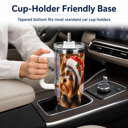 #pl[40oz|White] Cozy Yorkie 40oz Tumbler with Handle, Christmas Dog Stainless Steel Cup