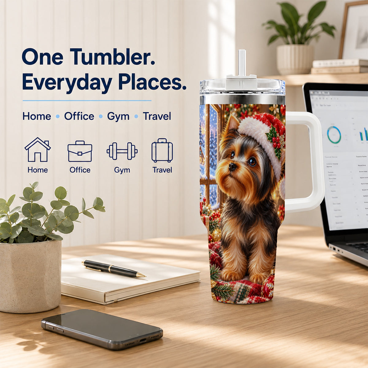 #pl[40oz|White] Cozy Yorkie 40oz Tumbler with Handle, Christmas Dog Stainless Steel Cup