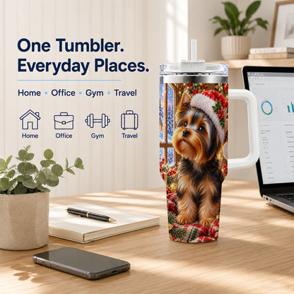 #pl[40oz|White] Cozy Yorkie 40oz Tumbler with Handle, Christmas Dog Stainless Steel Cup