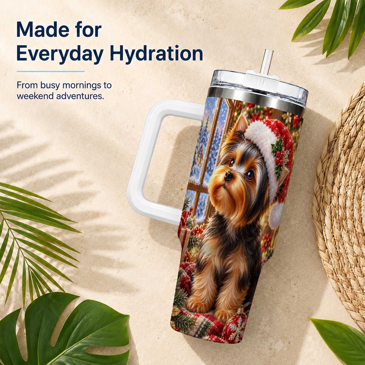 #pl[40oz|White] Cozy Yorkie 40oz Tumbler with Handle, Christmas Dog Stainless Steel Cup