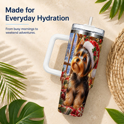 #pl[40oz|White] Cozy Yorkie 40oz Tumbler with Handle, Christmas Dog Stainless Steel Cup