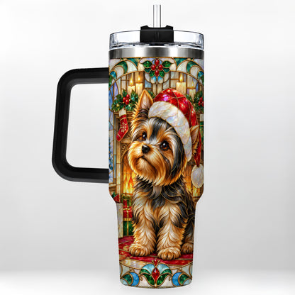 #pl[40oz|Black] Stained Glass Style Yorkie 40oz Tumbler with Handle, Stainless Steel Cup