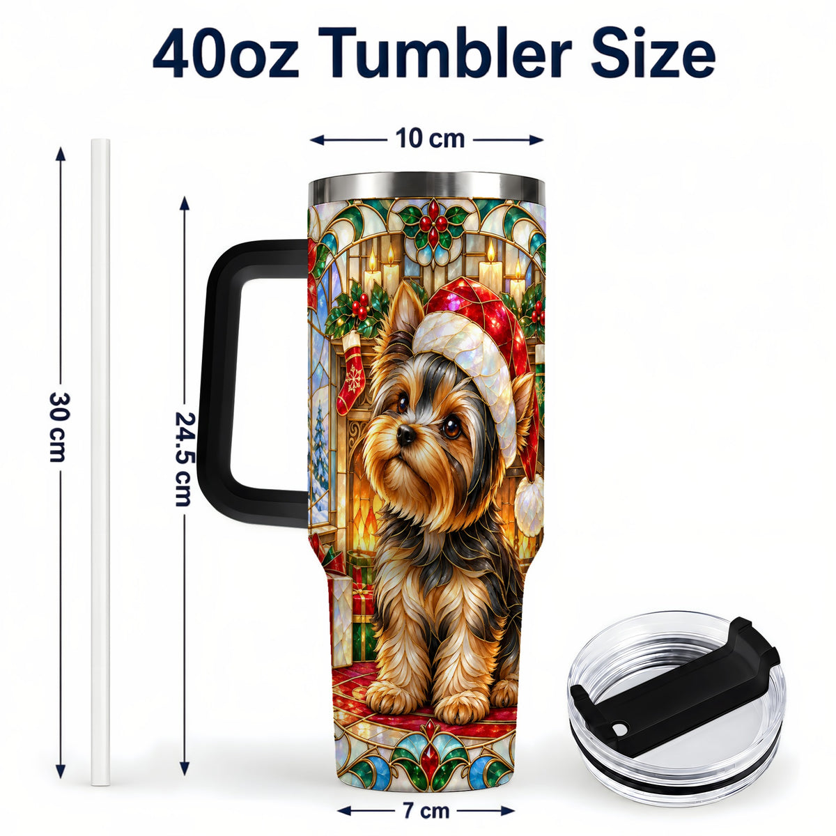 #pl[40oz|Black] Stained Glass Style Yorkie 40oz Tumbler with Handle, Stainless Steel Cup