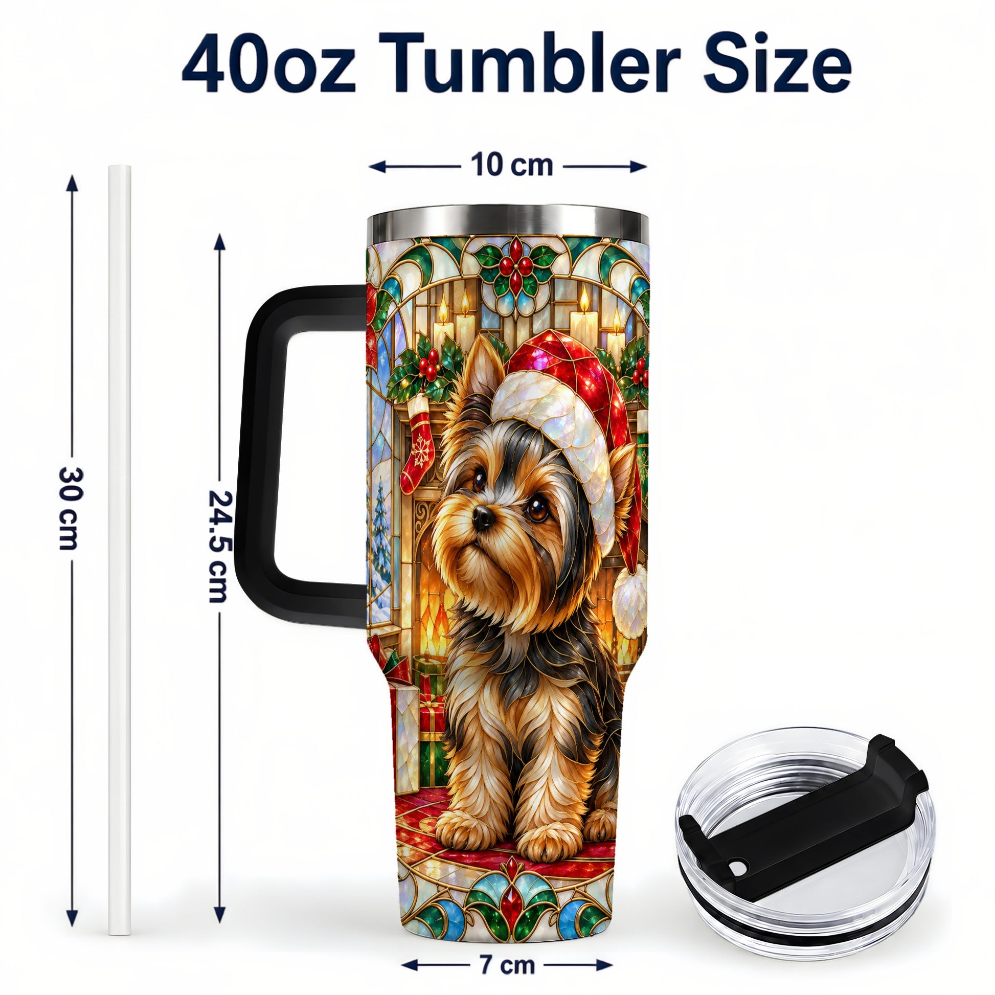 #pl[40oz|Black] Stained Glass Style Yorkie 40oz Tumbler with Handle, Stainless Steel Cup
