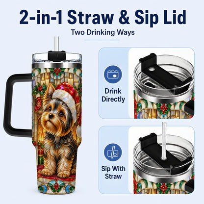 #pl[40oz|Black] Stained Glass Style Yorkie 40oz Tumbler with Handle, Stainless Steel Cup