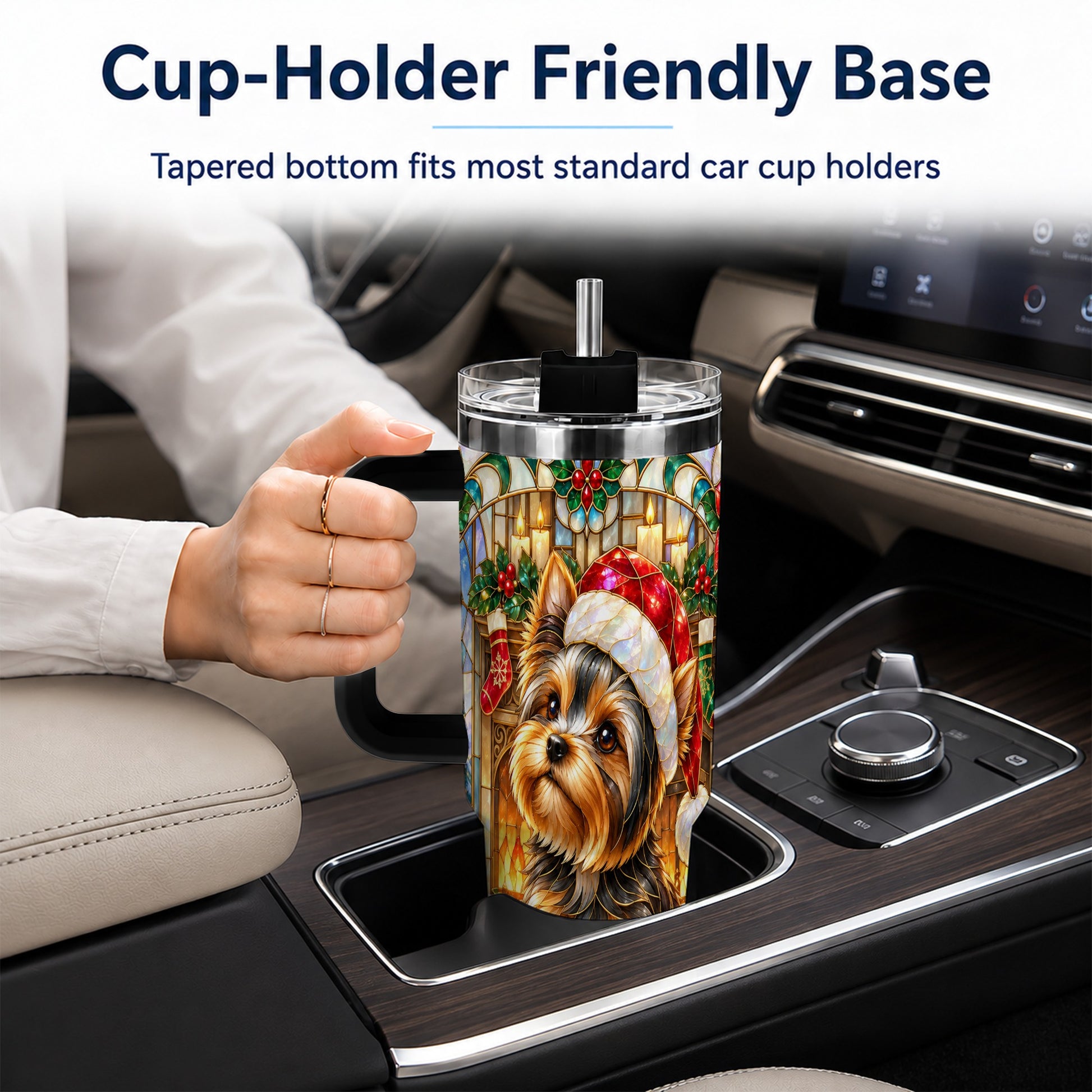 #pl[40oz|Black] Stained Glass Style Yorkie 40oz Tumbler with Handle, Stainless Steel Cup