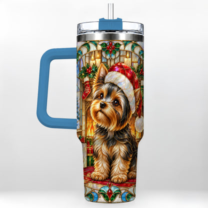 #pl[40oz|Blue] Stained Glass Style Yorkie 40oz Tumbler with Handle, Stainless Steel Cup