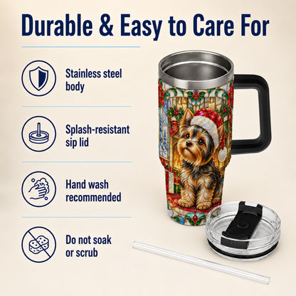 #pl[40oz|Black] Stained Glass Style Yorkie 40oz Tumbler with Handle, Stainless Steel Cup