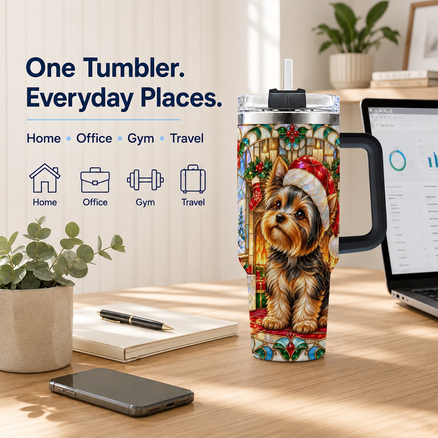 #pl[40oz|Black] Stained Glass Style Yorkie 40oz Tumbler with Handle, Stainless Steel Cup