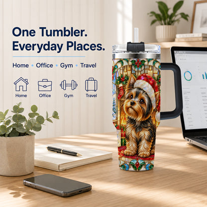 #pl[40oz|Black] Stained Glass Style Yorkie 40oz Tumbler with Handle, Stainless Steel Cup