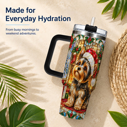 #pl[40oz|Black] Stained Glass Style Yorkie 40oz Tumbler with Handle, Stainless Steel Cup