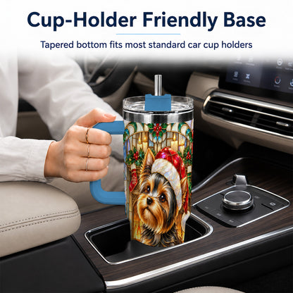#pl[40oz|Blue] Stained Glass Style Yorkie 40oz Tumbler with Handle, Stainless Steel Cup
