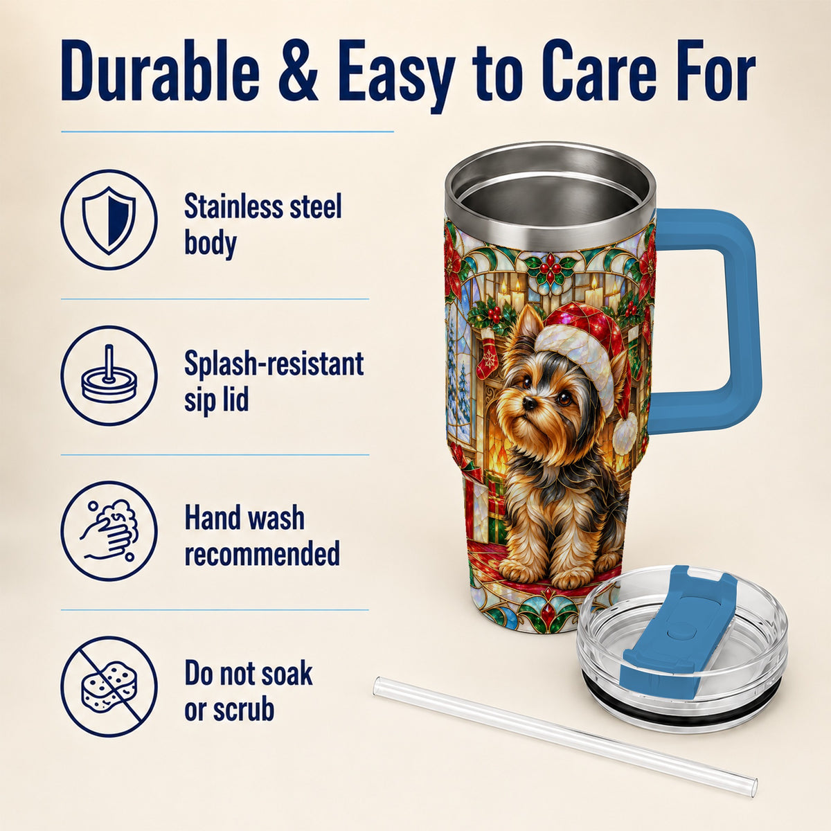 #pl[40oz|Blue] Stained Glass Style Yorkie 40oz Tumbler with Handle, Stainless Steel Cup